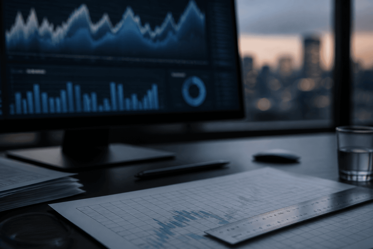 Escena ilustrativa de visualización avanzada de datos financieros